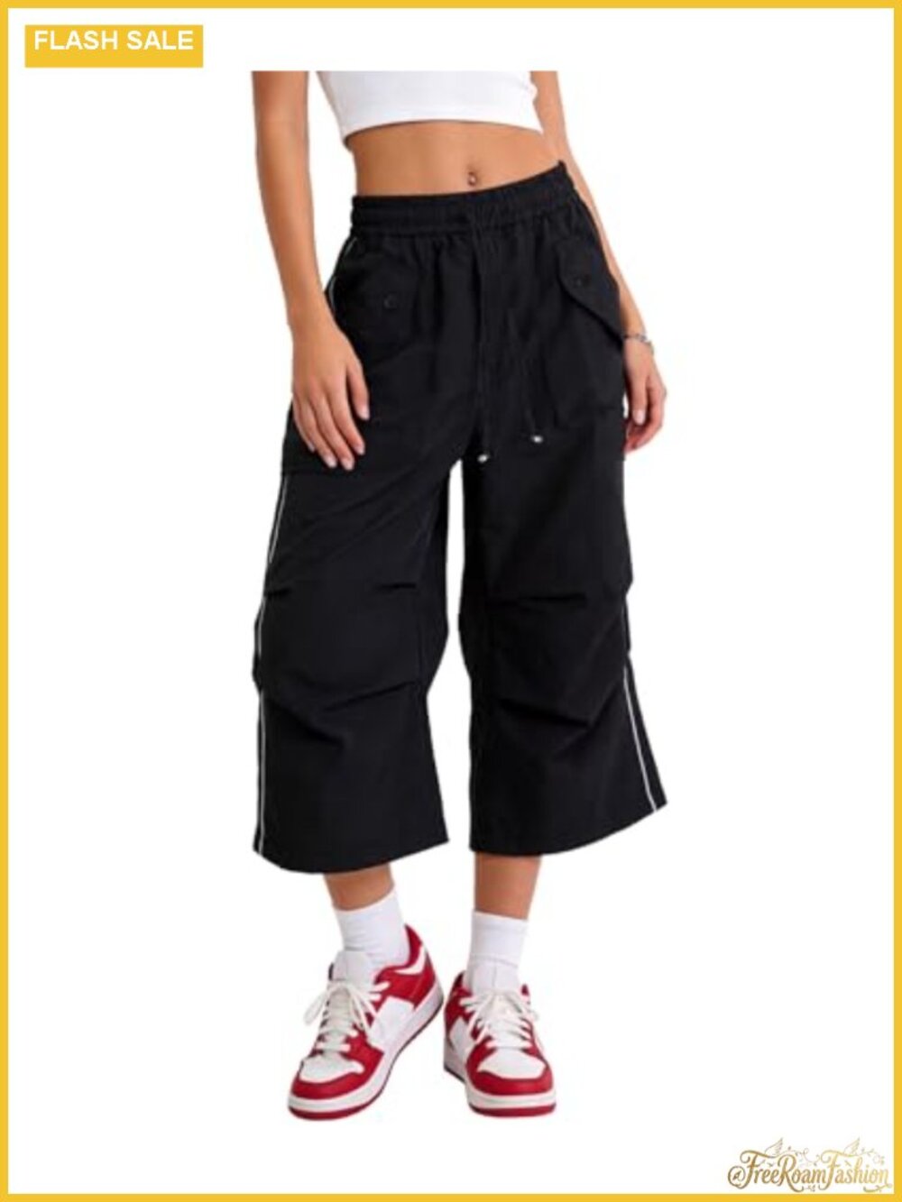 Women's Baggy Wide Leg Cropped Cargo Pants Y2K Drawstring Streetwear Capri